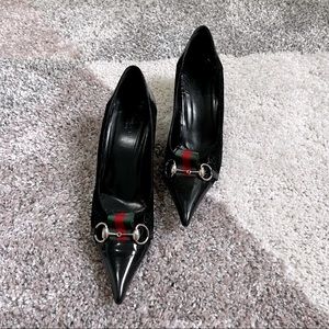 Gucci Black GG Canvas And Patent Leather Horsebit Pointed Toe Pumps Size 9.5